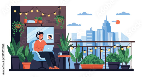 man sitting on balcony with laptop and plants city view