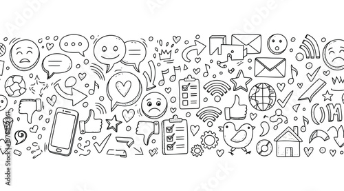 Social media and communication doodle icons set