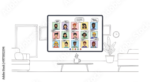 Video conference on a computer screen in a living room