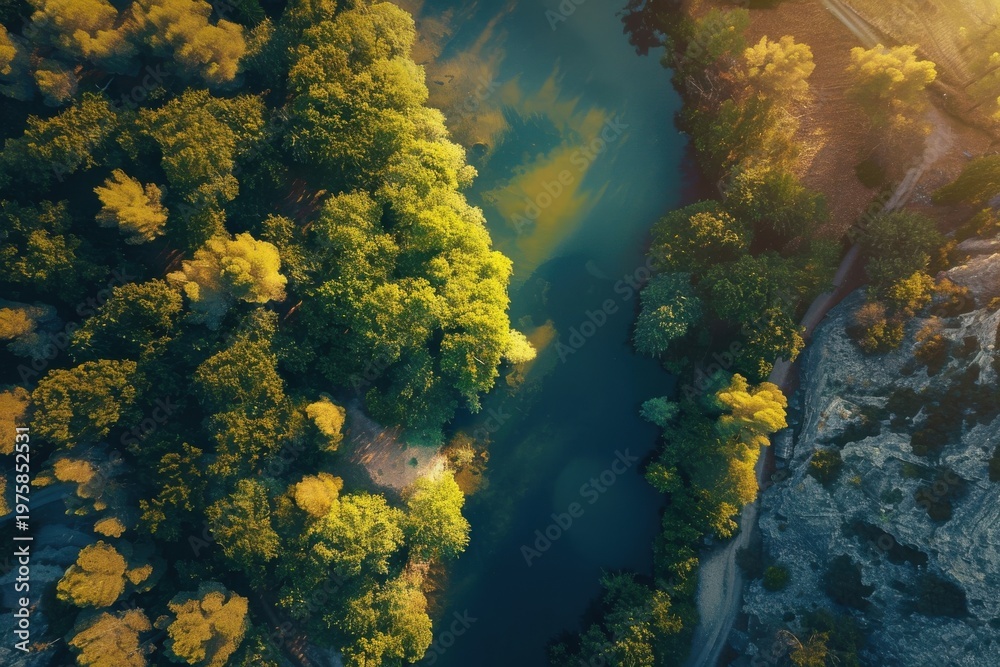 Obraz premium Aerial Drone View Winding River Autumn Forest Golden Light