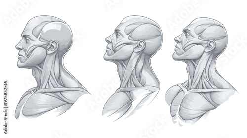 Anatomical illustration of human head and neck muscles, showing profile views, rendered in grayscale