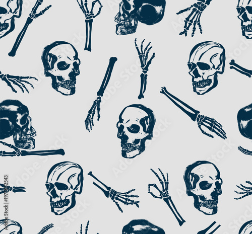 Halloween skulls seamless pattern. Halloween hand drawn cartoon illustration, different skulls, bones on a grey background. Design for wrapping paper, holidays, party, print. Vector illustration.