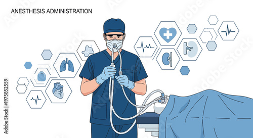Anesthesiologist Administering Anesthesia Before Surgery with Medical Icons