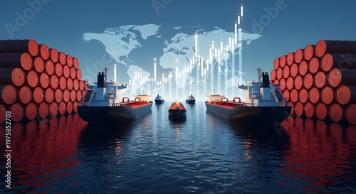Global oil trade concept with tankers barrels world map and stock market candlestick chart