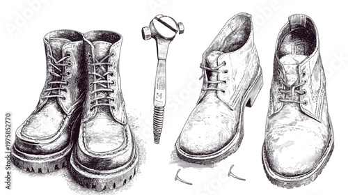 A hand-drawn illustration with two pairs of leather boots, a tool, and two nails