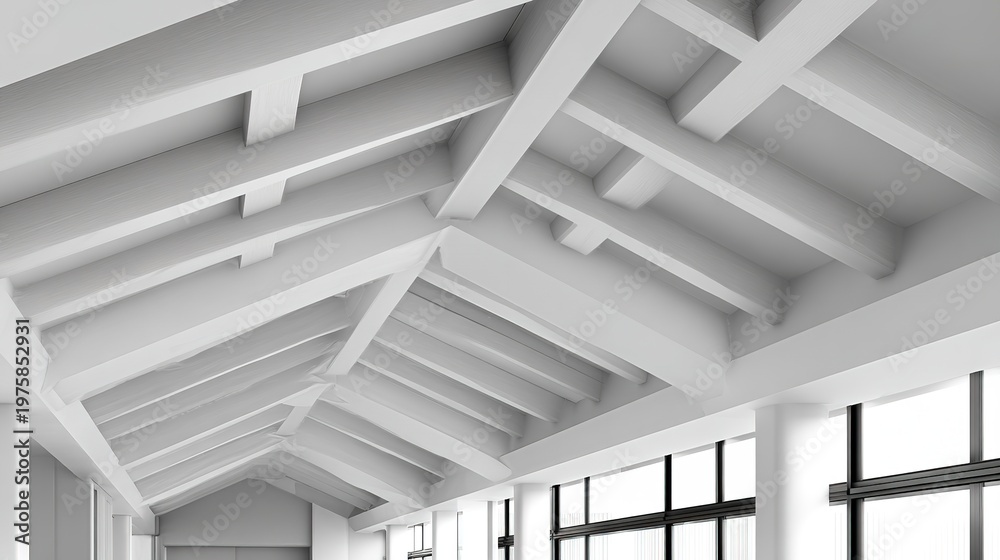 Obraz premium Modern Interior Design Featuring Structural Ceiling Beams in a Clean Architectural Space Capturing Light and Design Elements for Contemporary Aesthetics