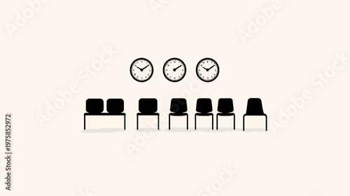 Minimalist illustration of a waiting area with clocks above seating, creating a simple, modern design