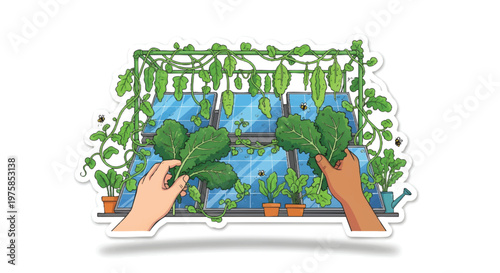 Hands holding broccoli in front of a garden with plants