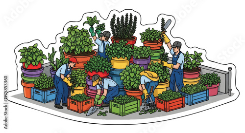 People working in a plant nursery with potted plants and flowers