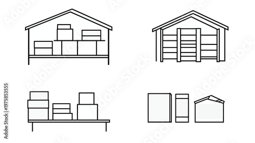 Four black and white illustrations of storage structures, including shelves and boxes