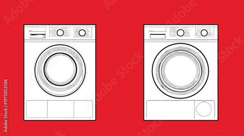 Two stylized washing machines with dials and a transparent window on a vibrant red background