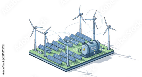 Renewable energy sources, solar panels and wind turbines generating sustainable power