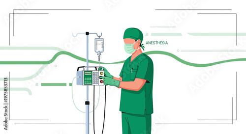 Anesthesiologist in Green Scrubs Adjusting IV Drip in Operating Room