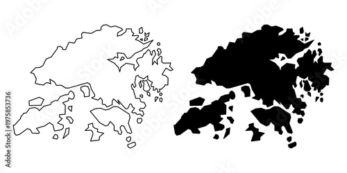 Hong Kong map icon set. Hong Kong map line and silhouette icon with transparent background