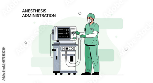 Anesthesiologist in Mask and Scrubs Operating Anesthesia Machine in Operating Room