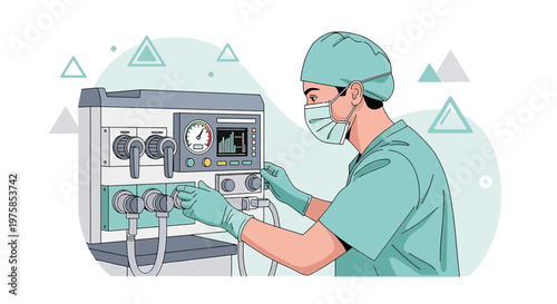 Anesthesiologist in Mask and Gloves Adjusting Medical Ventilator in Operating Room