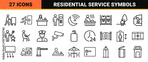 Minimalist residential building amenities and apartment service icon set