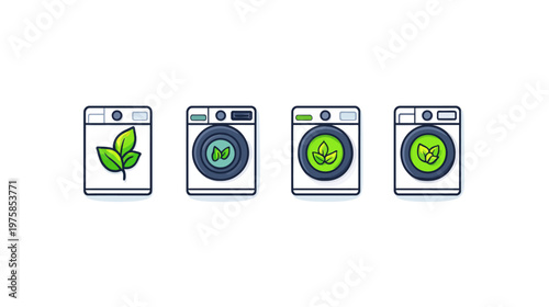 Four stylized washing machines with green leaf icons on the door, suggesting an eco-friendly concept