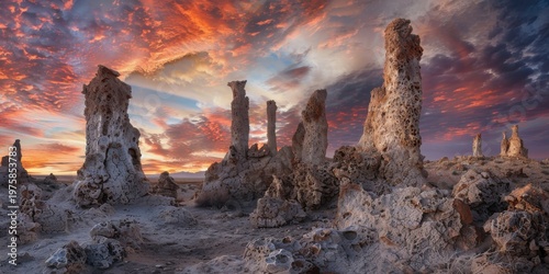 Eroded Desert Pillars at Blazing Sunset Sky