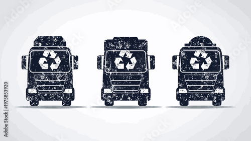 Three stylized, front-facing depictions of trash trucks, each containing a recycling symbol