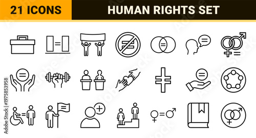 Human rights and equality line icon set with social justice and diversity symbols
