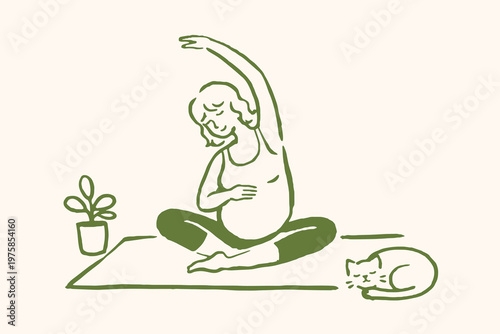 Pregnant woman doing yoga naive doodle vector illustration