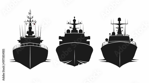 Three stylized, front-facing silhouettes of ships, each with distinctive mast and hull designs