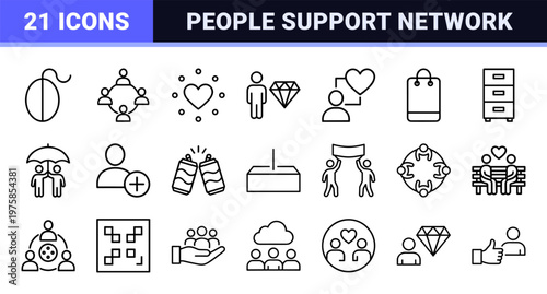 Black and white outline icons for social connections, teamwork, community, and support