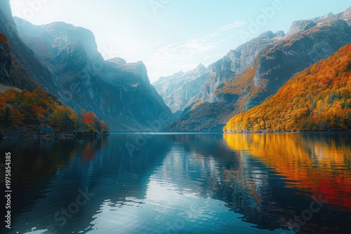 Golden Hour Panorama of Autumn Lake Reflections in Mountains