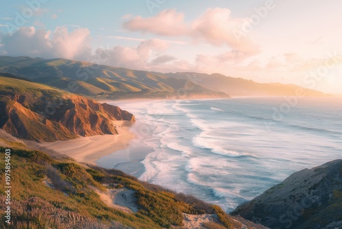 Golden Hour Rugged Cliffs Pristine Beach Seascape