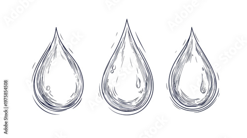 Three stylized, hand-drawn water drops in varying stages of development. Lines define shape and form