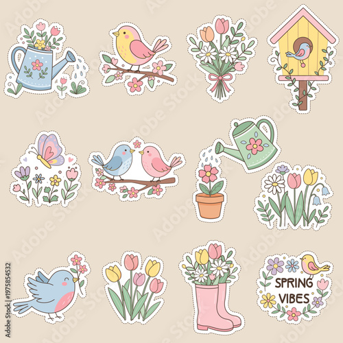 
A set of cute vector stickers with a spring, summer theme for kids. Nature Butterfly Cherry Bird Watering Can Rubber Boots Birdhouse