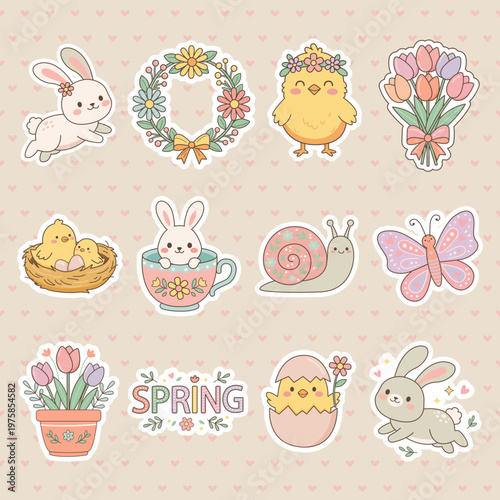 A set of cute vector Easter stickers for kids. Nature butterfly chicken rabbit egg easter egg