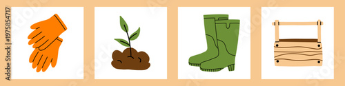 Vector set of cute garden element for gardening and small farm agriculture. Gloves, seedling, rubber boot and wooden box for spring garden work in flat design. Spring garden poster, eco life design.