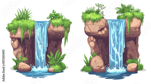 Pixelated artwork showcasing two small waterfalls. Lush vegetation surrounds rock formations. Water cascades