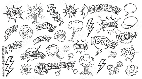 Set of comic book speech bubbles and sound effects, hand drawn graphic elements for comic book design