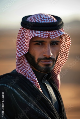 Saudi Man in Thobe & Red Shemagh in Desert Dunes