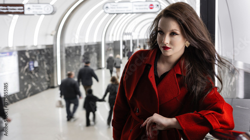 A beautiful brunette in a red coat standing at a subway station, city rhythm