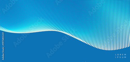 An abstract digital wave pattern flows across the canvas. Blue dots in rhythmic motion. Gradient shades. Matrix. Copy space. Cover design template. Vector for brochure, poster, card, presentation, etc