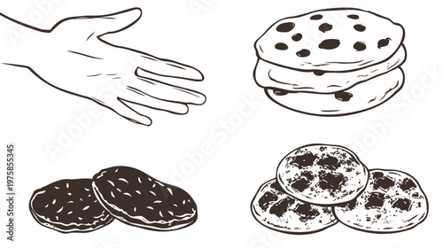 Illustration of a hand reaching for multiple chocolate chip cookies. Simple linework style with brown ink