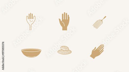 Set of six minimalist golden icons featuring hands, a bowl, a comb, and stones on a creamy background