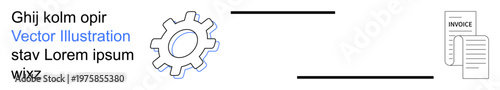 Workflow optimization, automation processes, business management, document handling, billing systems, production efficiency. Gear symbol and invoice document with placeholder text. Workflow