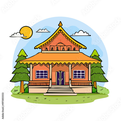Traditional Asian House with Ornate Roof and Greenery