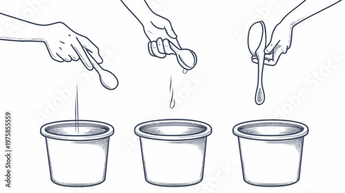 Three hands with spoons, depicting liquid dripping from the spoon above three containers