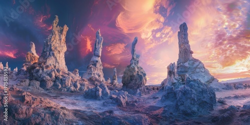 Surreal Hoodoo Spires in Fiery Nebula Sunset Sky