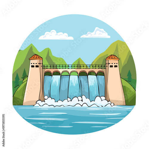 Majestic hydroelectric dam generating power with water cascading down mountainside landscape