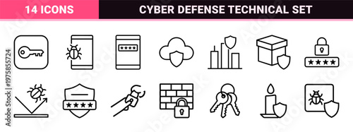Digital security and cyber protection solid icon set.