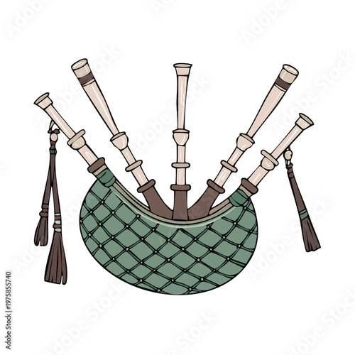Illustration of Traditional Bagpipes with Tartan Bag and Woodwind Pipes