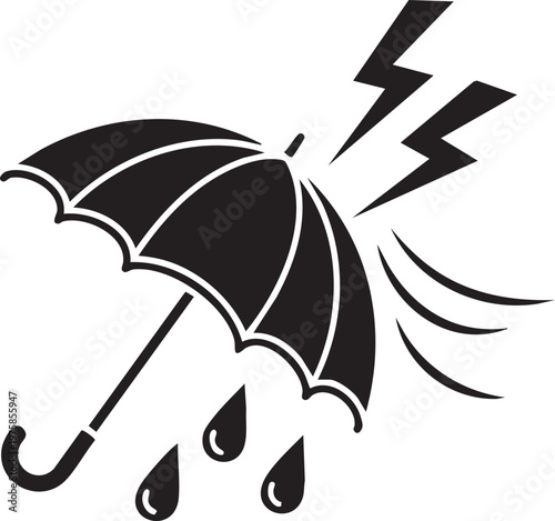 A stormy weather illustration of an umbrella getting hit by lightning with rain.