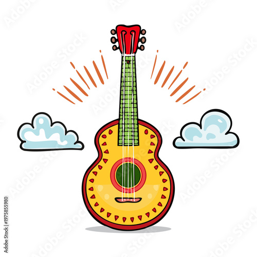 Vibrant acoustic guitar with sunburst rays and clouds illustration for musical celebration